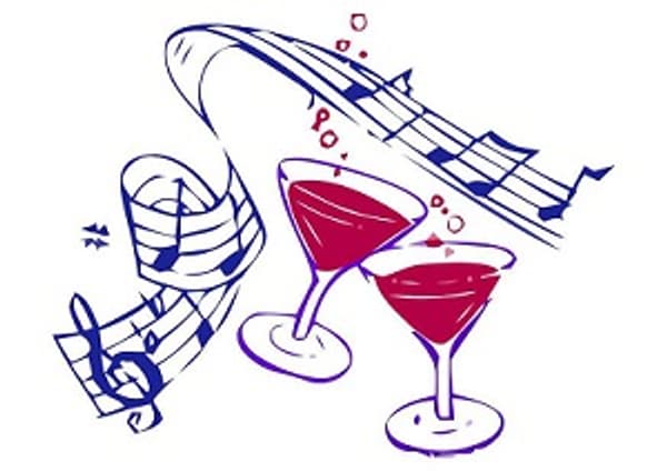 opening, muziek noten en 2 glazen wijn
